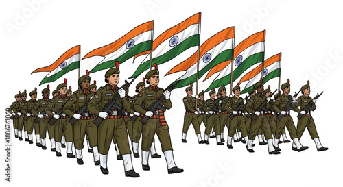 Illustration of soldiers marching with Indian flags during a Republic Day parade, showcasing a military procession with cavalry and people in uniform.