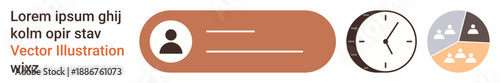 Team management, time tracking, collaboration, digital profiles, productivity tools, business analytics. Profile avatar, clock and group analytics diagram . Team management and time tracking concept