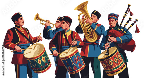 Illustration of a military band performing with various musical instruments during a Republic Day parade in India, showcasing people of different ages including children and cavalry.