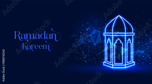 Ramadan kareem glowing lantern. Futuristic low poly digital illustration on blue background