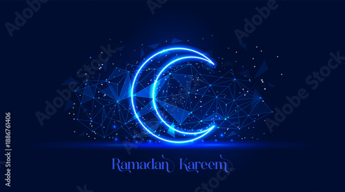 Ramadan mubarak glowing moon. Futuristic low poly digital illustration on blue background