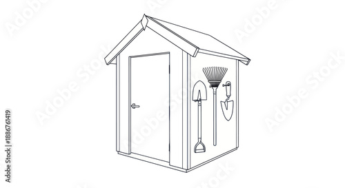 Illustration of a garden shed with tools hanging on the side.