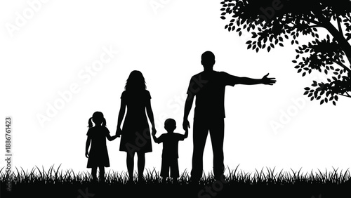 Happy family silhouette standing in park together, father mother and two children holding hands under tree, summer outdoor recreation, nature landscape background