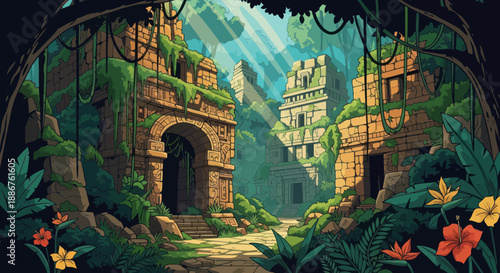 Ancient ruins overgrown with jungle foliage and sunlight streaming through trees.