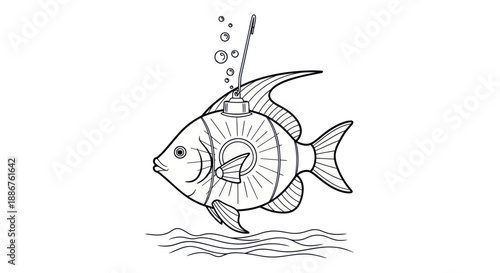 Whimsical steampunk fish with a glowing lantern as its body.