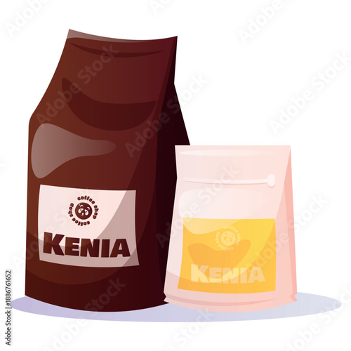 Coffee bags, closed packages and fresh roasted coffe beans composition. Aromatic product in paper pack for caffeine drink, beverage. Flat vector illustration isolated on white background