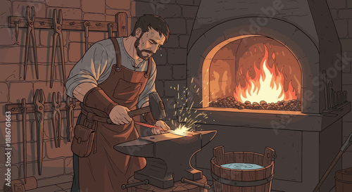 Blacksmith hammers glowing metal in a traditional forge.