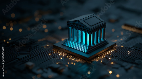 Futuristic Digital Bank Building on Microchip Circuit Board Representing Financial Technology, Digital Banking Systems, Secure Transactions, and Modern Fintech Infrastructure Concept
