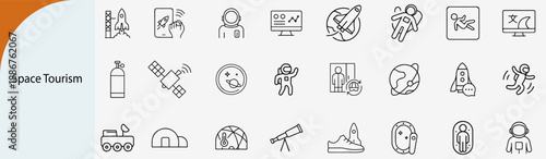 Space tourism and commercial galaxy travel outline icon set, isolated vector.