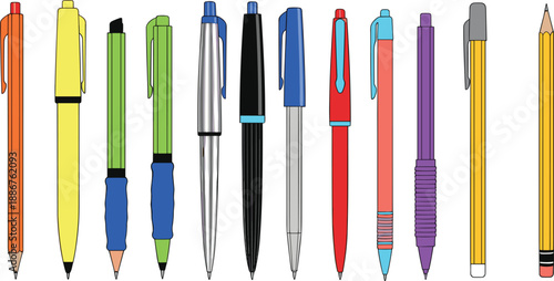 Writing instruments collection with pens pencils and markers in different colors school office vector illustration set