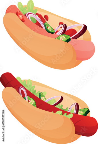 Set of hand-drawn hot dogs in cartoon styles, colorful sketch illustration isolated on white background