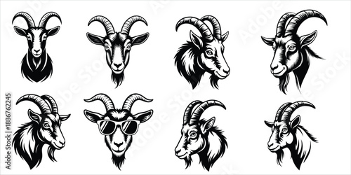 Collection of Goat Head Illustrations, Ibex Vector Icons with Sunglasses and Various Styles, Diverse Animal Art Pack