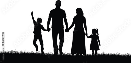 Happy family silhouette walking in grass field, including father, mother, son and daughter isolated on white background, vector illustration for design