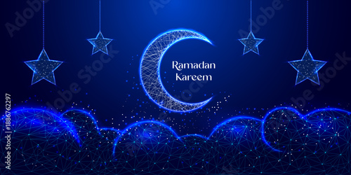 Ramadan kareem greeting card with glowing crescent moon, stars and clouds, futuristic low poly illustration on Blue Abstract Background