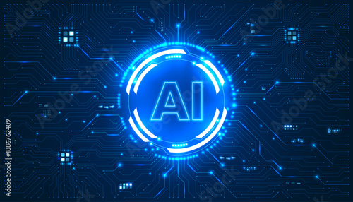Glowing AI futuristic circuit portal with neon HUD elements and digital tech lines in blue cyber background design. High tech circuit board connection system concept.