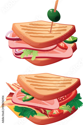 set of cartoon illustrations featuring sandwiches and other food products in a cartoon style: breakfast illustration, baguette, burger, food concept, isolated images. Flat design. Illustration for