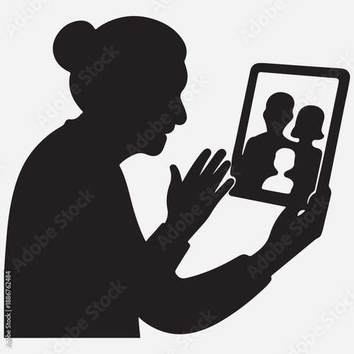  Elderly Person Silhouette Video Calling Family on Tablet Modern Technology Concept  isolated white background