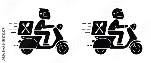 Motorcycle delivery person icon. Graphic symbol of a scooter rider with a package, representing fast courier and food delivery service.