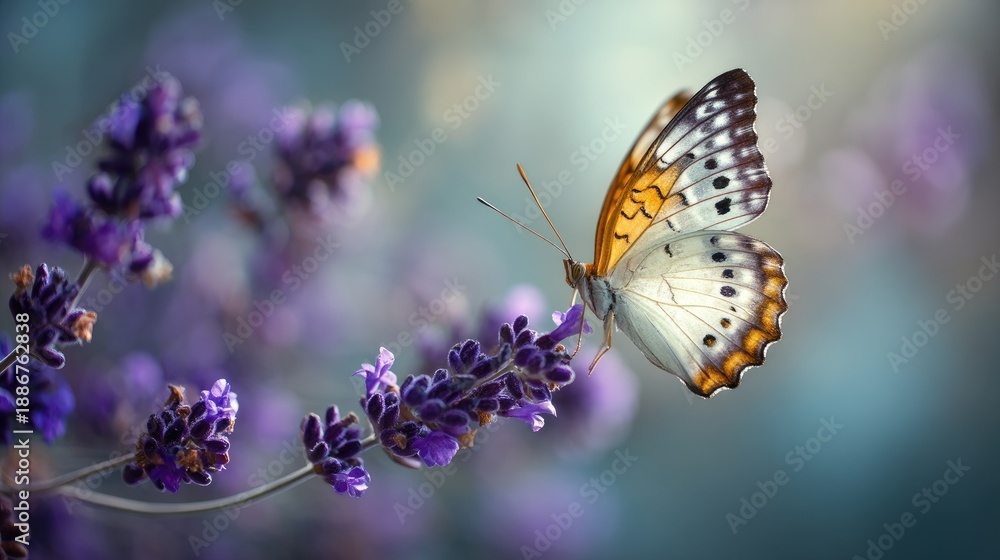 Obraz premium Stunning butterfly perched delicately on vibrant lavender flowers in a soft, dreamy background of light and color, showcasing nature's beauty and tranquility