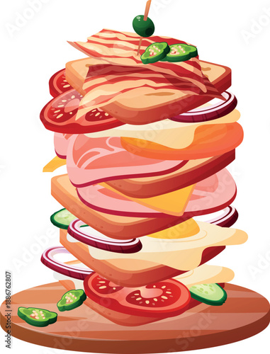 Highly Stacked Gourmet Sandwich Illustration. Tall, Layered Bread with Cheese, Tomato, and Fresh Lettuce for Lunch Menu Graphic on White Background.