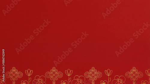 Modern lunar new year background, golden line art Chinese knots and minimalist festive flowers border on rich red, elegant design