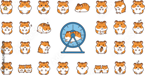 Cute hamster cartoon poses collection with sleeping eating running wheel expressions vector illustration set