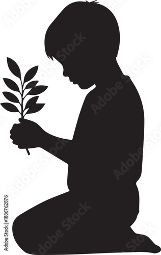 Child holding plant silhouette vector illustration for growth and hope concept