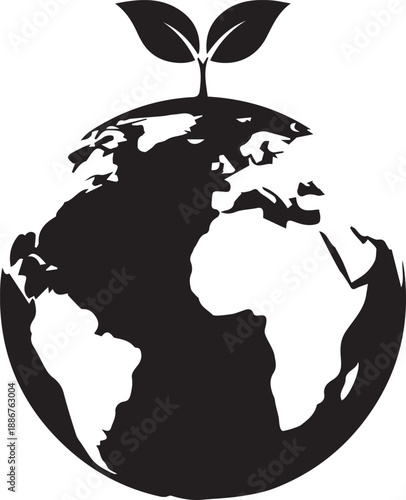 Earth globe planet with sprouting leaves on top vector silhouette illustration ecology logo