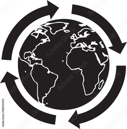Earth globe surrounded by recycling arrows vector silhouette illustration on transparent background