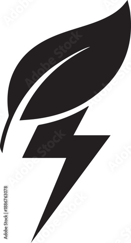Green energy icon combining leaf with lightning bolt vector silhouette illustration shape