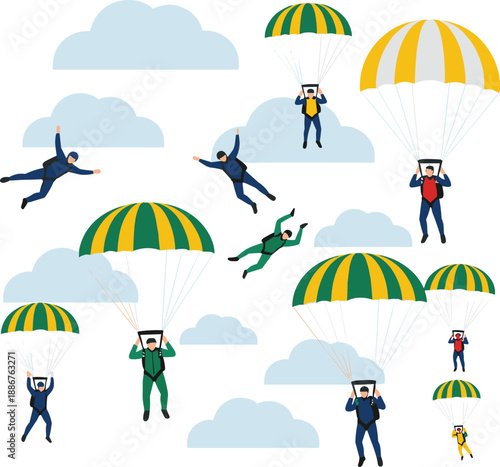 Skydiving and parachuting people collection with freefall and landing poses adventure vector illustration set