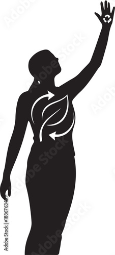 Woman silhouette raising hand with recycle symbols representing clean energy and ecology