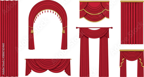 Red theater stage curtains collection with classic drapery valance and arch designs vector illustration set