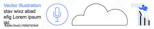 Cloud computing, digital search, voice recognition, technology innovation, data analytics, conceptual illustration. Minimalist design a microphone icon, cloud shape, and person analyzing data trends