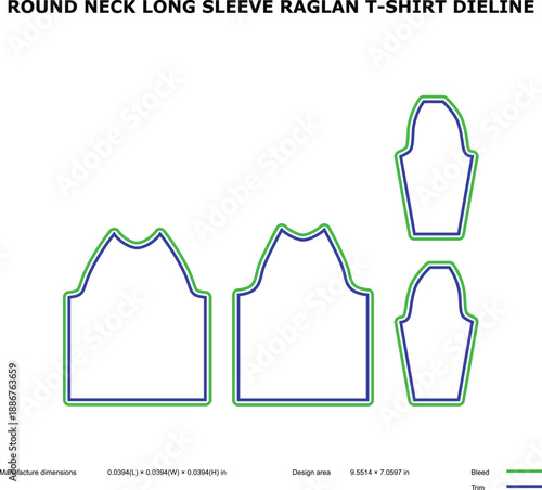 A technical drawing of a round neck long sleeve raglan t-shirt dieline
