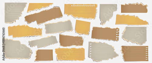 Set of torn paper notes in various shapes and colors, including lined and notebook pieces with ripped edges. Collection of decorative scrap paper elements for design and crafts
