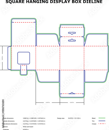 A technical diagram of a square hanging display box dieline