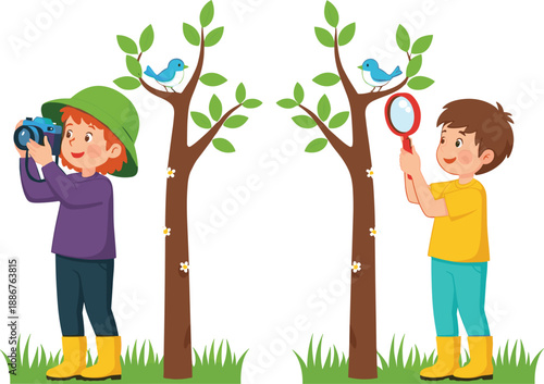 Kids observing birds in nature with binoculars and magnifying glass outdoor activity vector illustration
