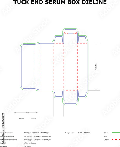 A technical drawing of a tuck end serum box dieline template