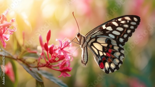 Beautiful butterfly perched on vibrant pink flowers with soft sunlight illuminating a colorful garden scene in the background