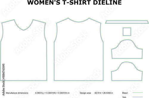 A technical drawing of a women's t-shirt dieline on a white background