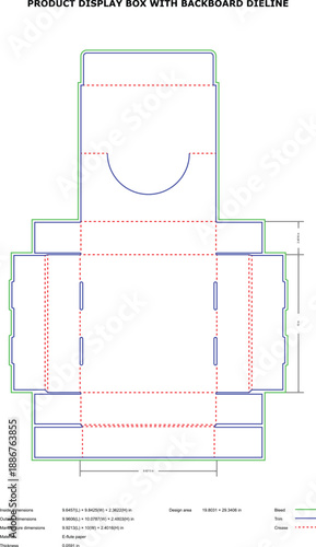 A technical drawing of a product display box with backboard dieline