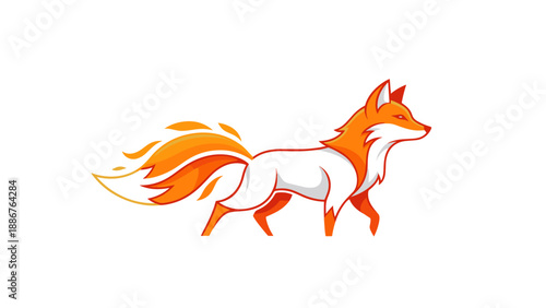 A stylized cartoon fox with a white body and fiery orange tail walking.