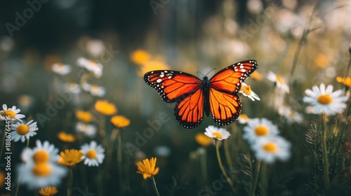 Vibrant Monarch Butterfly Gliding Over Colorful Wildflowers in a Serene Natural Setting with Sunlight Filtering Through Soft Petals
