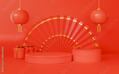 Red podium with lantern chinese new year and gift box product stand podium background