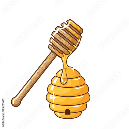 A wooden honey dipper dripping golden honey onto a cartoon beehive illustration.