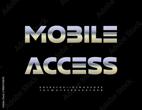 Vector Digital sign Mobile Access. Trendy Futuristic style Font. Silver Alphabet Letters and Numbers set. 