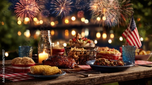 Holiday celebration event. A festive 4th of July celebration with a wooden table laden with food items, glasses, a bottle, a candle, a flag, and a cloth.