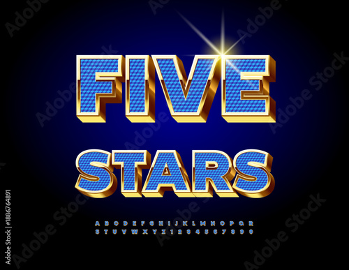 Vector Elite emblem Five Stars. Luxury Blue and Golden Font for Logo Design and Creative Branding. Premium Alphabet Letters and Numbers set 