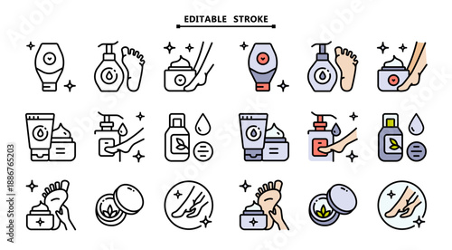 Foot Care and Hygiene Icon Set: Color Outline Symbols for Spa Website Design, Cosmetic Treatment and Product Packaging Label